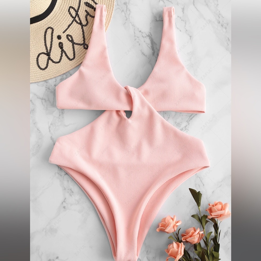 ZAFUL Ribbed Twisted Plunging Swimsuit - Light Pink M